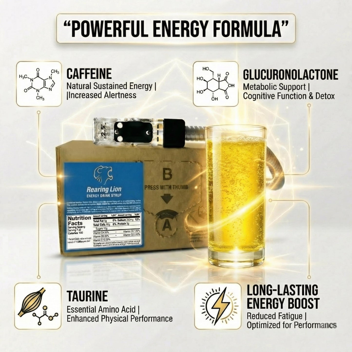 Roaring Lion energy drink (1 Gallon Bag-in-Box Syrup Concentrate) - Box Pours 6 Gallons of Energy Drink - Use with Bar Gun, Soda Fountain or Home