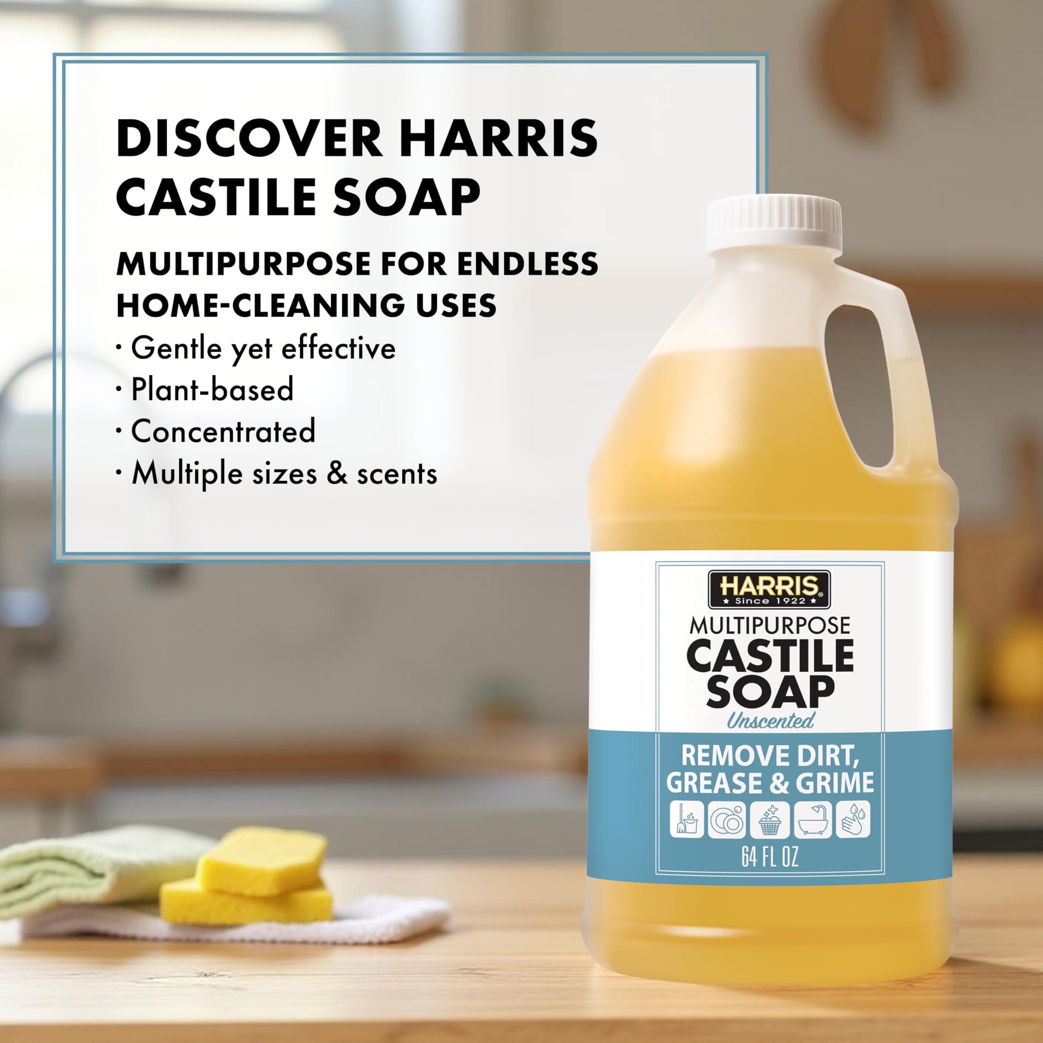HARRIS Multi-Purpose Pure Liquid Castile Soap with Micro Fiber Towel for Home Cleaning, For Dish Soap, Laundry Detergent, Kitchen and Bathroom