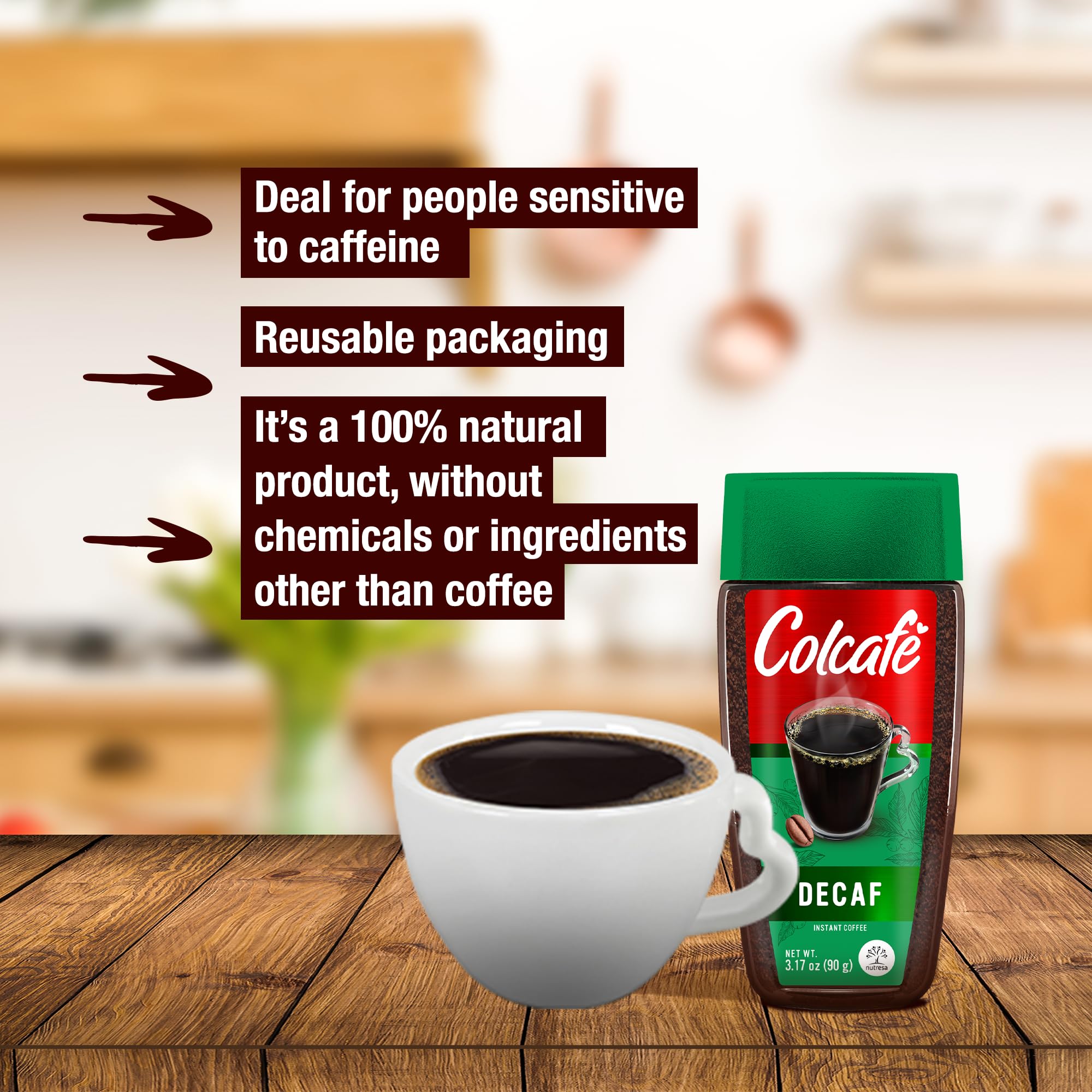 Colcafé Instant Decaf Coffee Jar | Same Great Taste, No Caffeine | Ready in Seconds | 100% Colombian Coffee | 3 Ounce (Pack of 1)