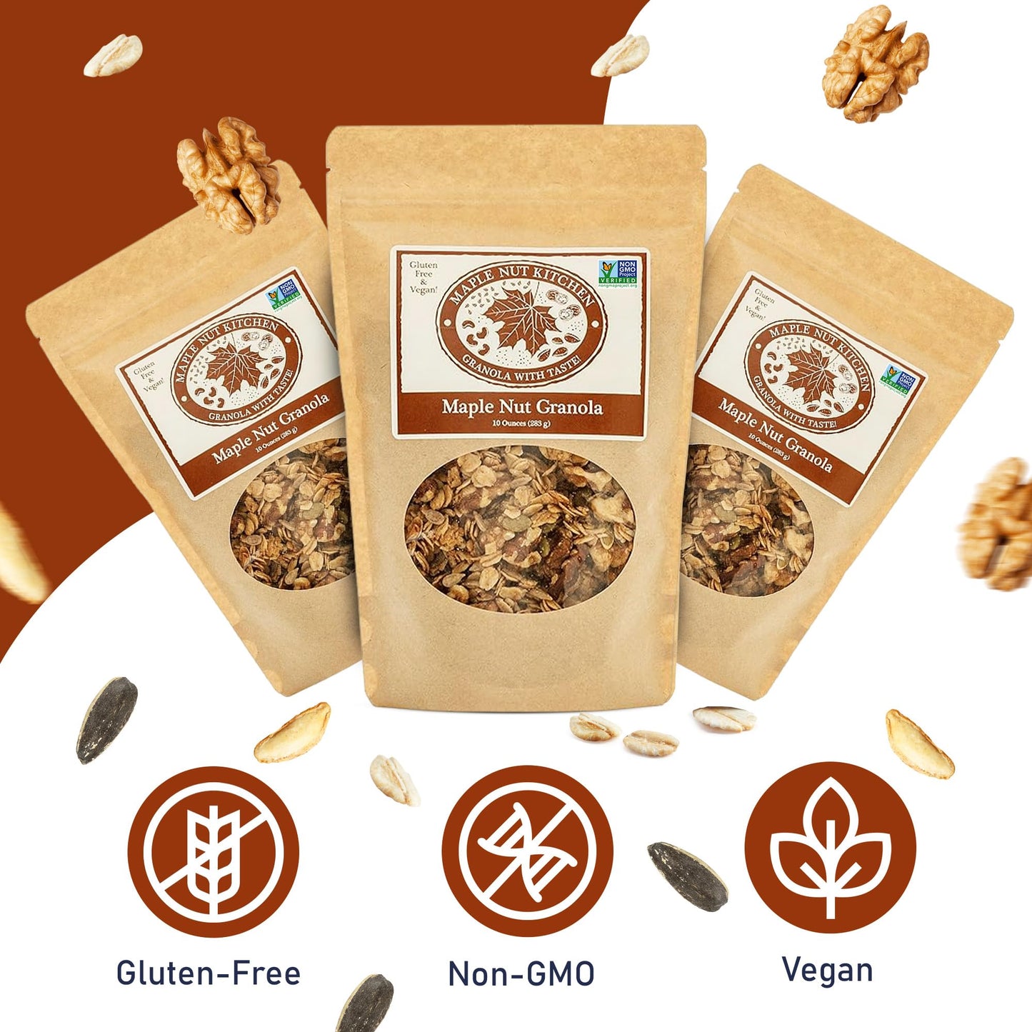 Maple Nut Kitchen Maple Nut Granola 3 Pack - Vegan & Gluten-Free Oats with Walnuts, Pumpkin & Sunflower Seeds | Low Sugar, Healthy Granola