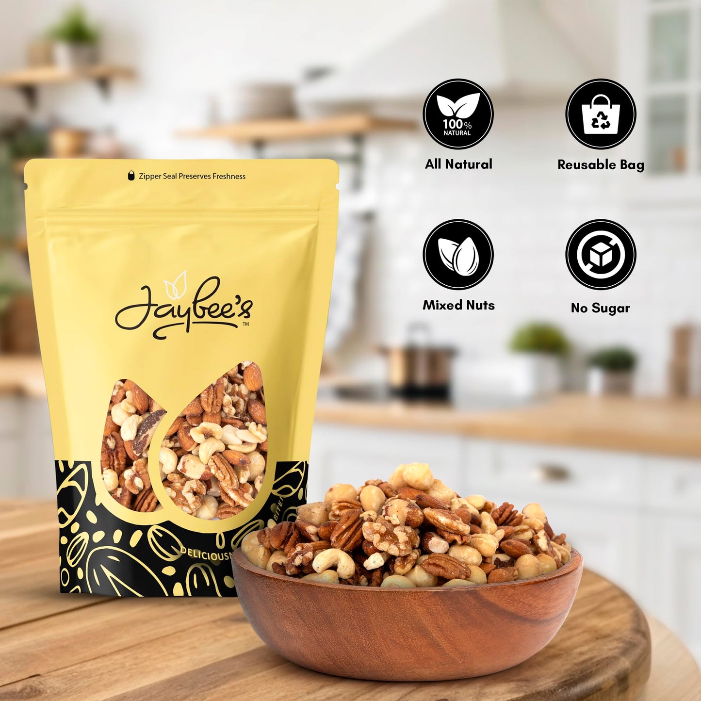 Jaybee’s Raw Deluxe Mixed Nuts Unsalted 3 Pound - Almonds, Cashews, Pecans, Walnuts, Brazil Nuts & Macadamias - Natural Fresh Variety in Resealable