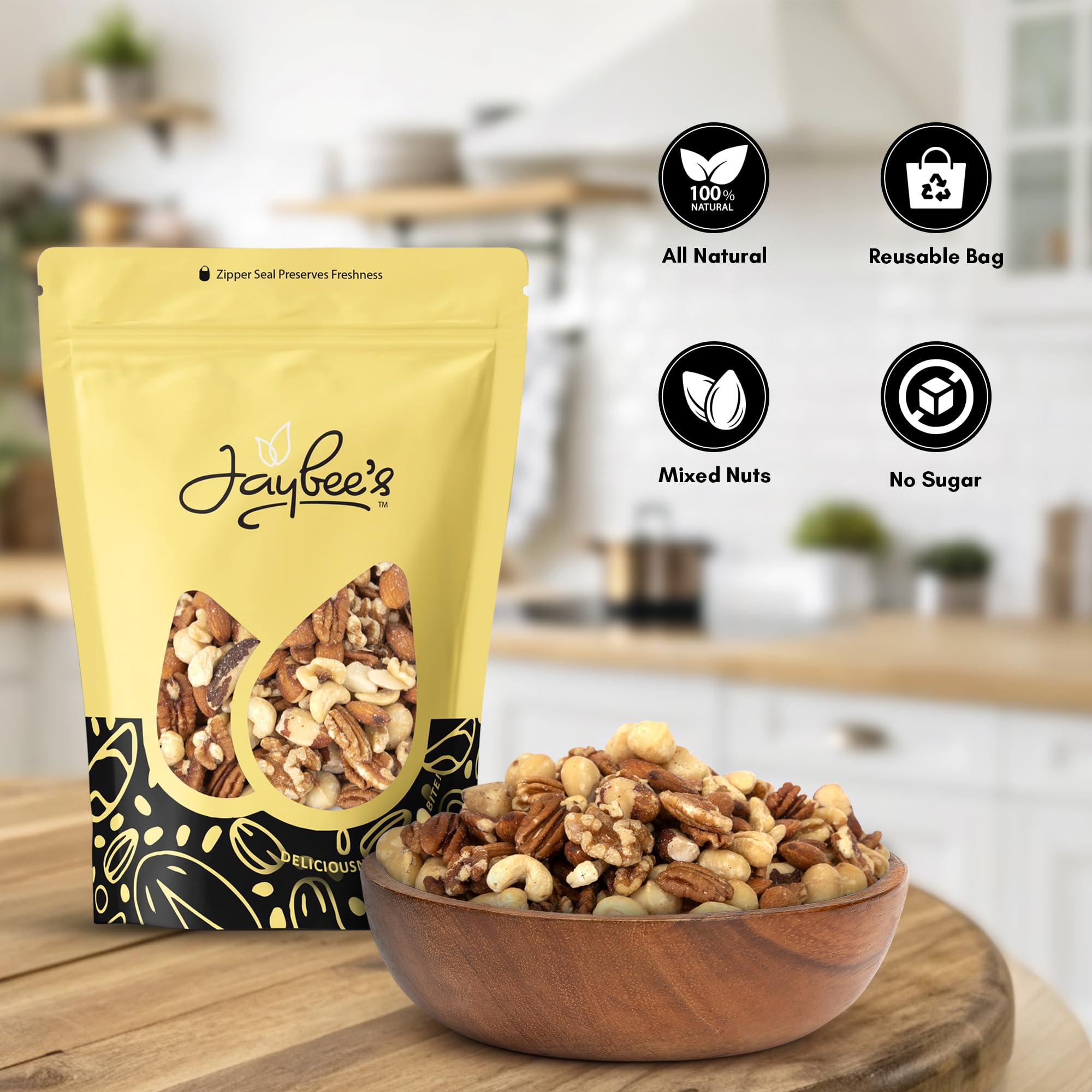 Jaybee’s Raw Deluxe Mixed Nuts Unsalted 3 Pound - Almonds, Cashews, Pecans, Walnuts, Brazil Nuts & Macadamias - Natural Fresh Variety in Resealable