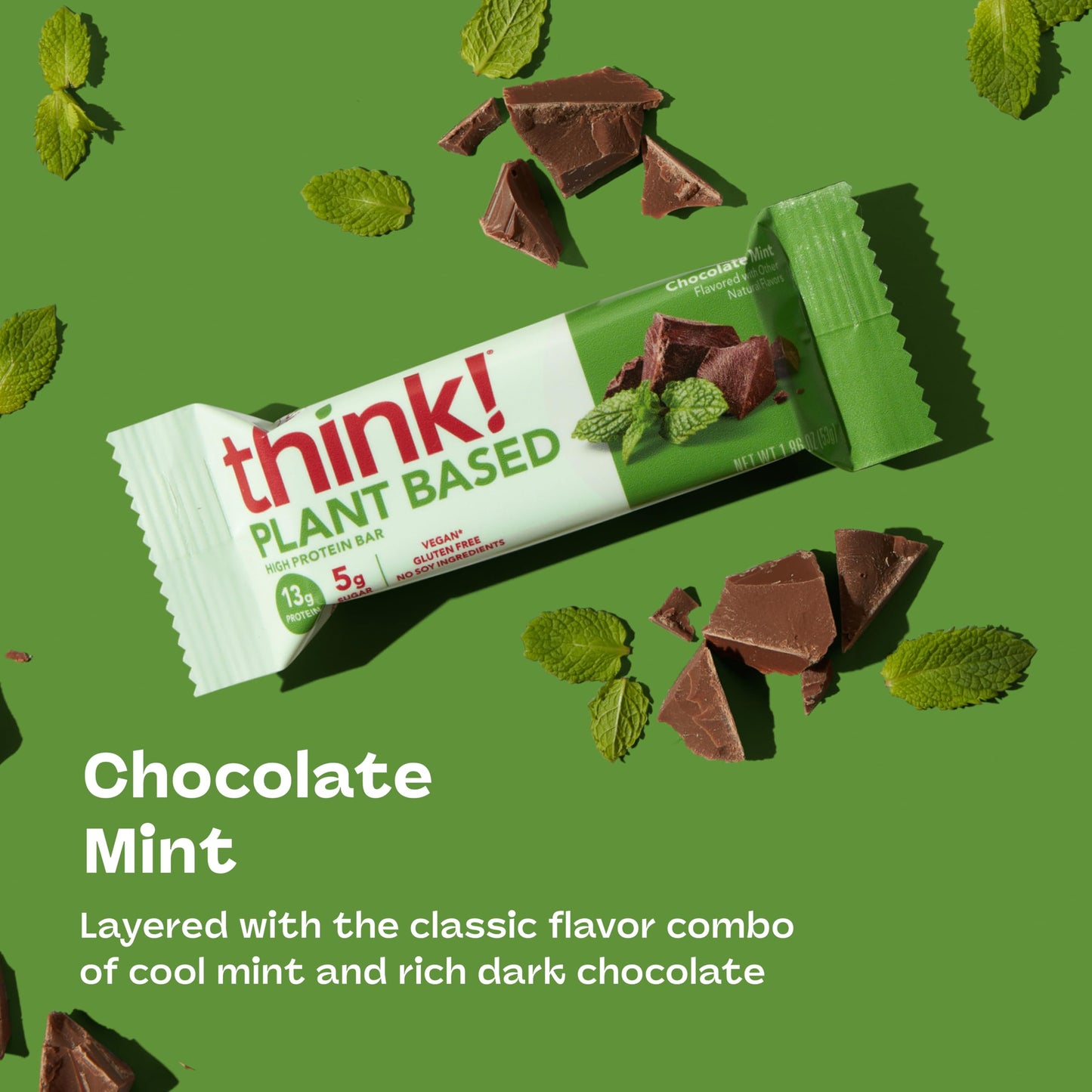 think! Vegan/Plant Based High Protein Bars - Chocolate Mint, 13g Protein, 5g Sugar, No Artificial Sweeteners, Non GMO Project Verified, 10 Count