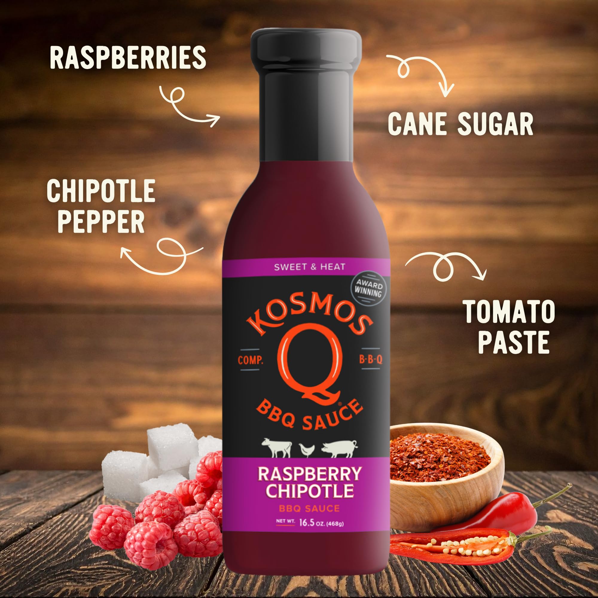 Kosmos Q Raspberry Chipotle BBQ Sauce, Sweet & Spicy BBQ Sauce with Real Raspberries & Chipotle Peppers, Bold Barbecue Sauce for Pork, Chicken