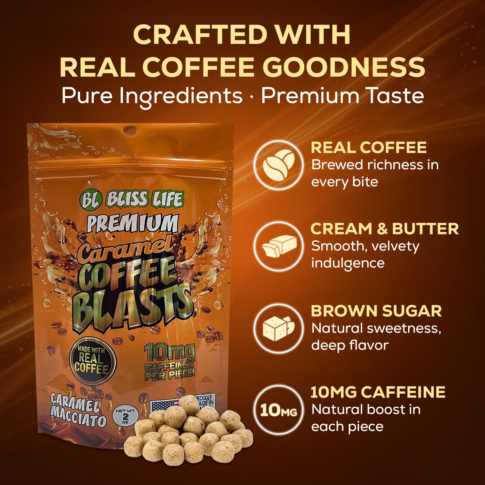Caramel Coffee Blasts - Edible Coffee Revolution with Real Brewed Cafe in Three Amazing Flavors: Caramelo Macciato, Chocolate Latte, French Vanilla
