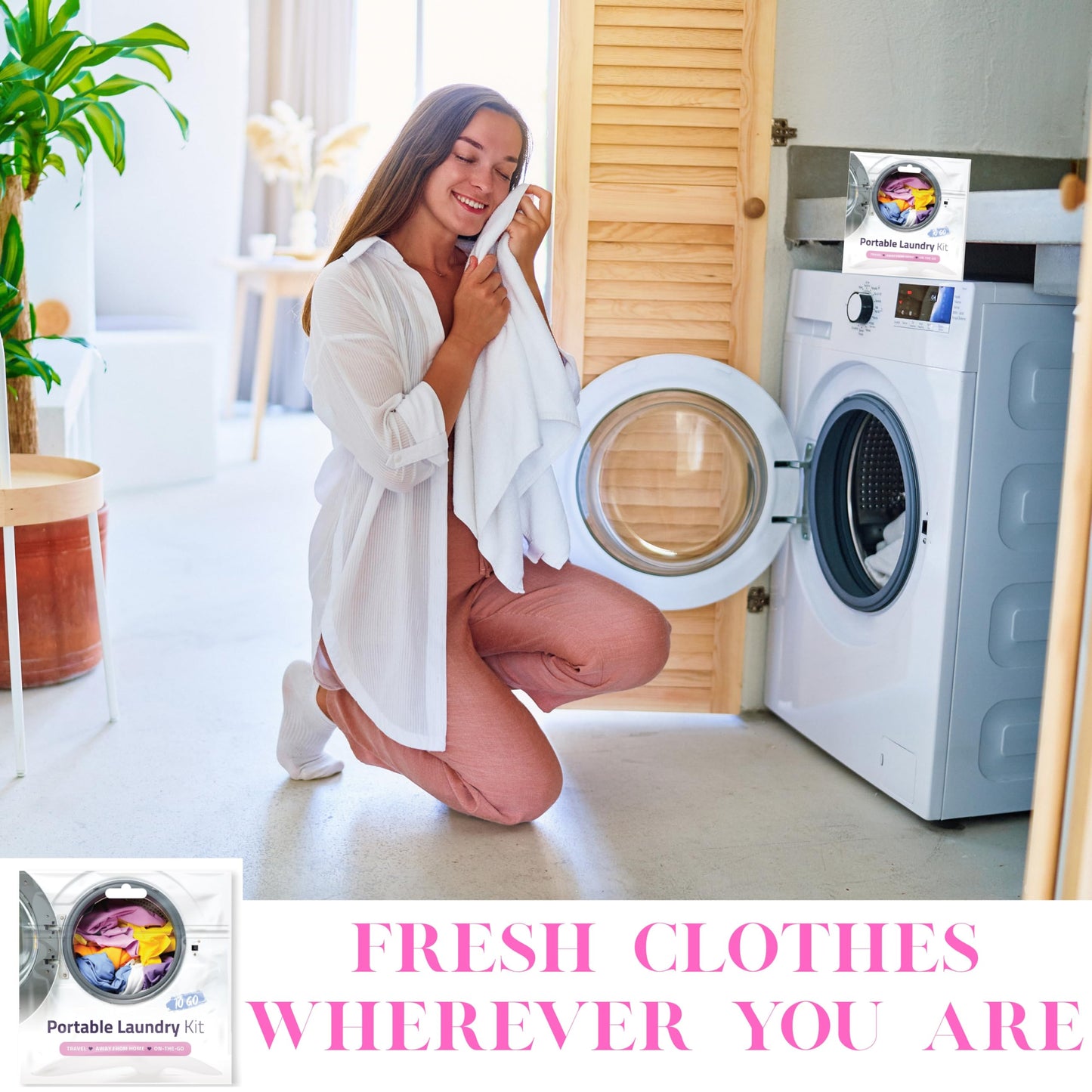 Portable Laundry Kit - Travel Clothes Cleaning Essentials with Liquid Detergent, Stain Remover Wipe, Dryer Sheet & Laundry Bag - Bulk Supply