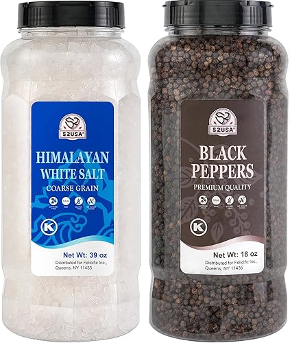 52USA Himalayan White Salt (Coarse Grain) 39 oz + Whole Black Peppercorns 18 oz, Salt and Pepper Grinder, Black Peppercorn Refil, Sea Salt for Grinder