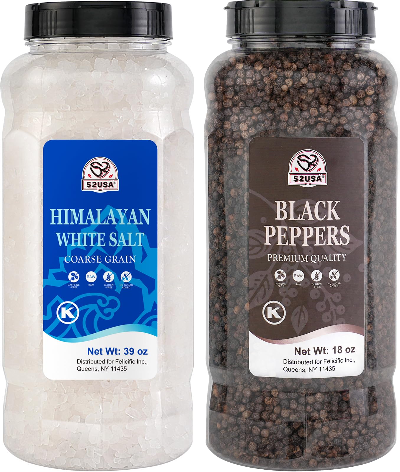 52USA Himalayan White Salt (Coarse Grain) 39 oz + Whole Black Peppercorns 18 oz, Salt and Pepper Grinder, Black Peppercorn Refil, Sea Salt for Grinder