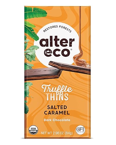 Alter Eco Salted Caramel Truffle Thins, Chocolate Bar with Gooey Ganache Truffle Filling, Organic, Gluten-Free, Non-GMO Snacks, No Additives or