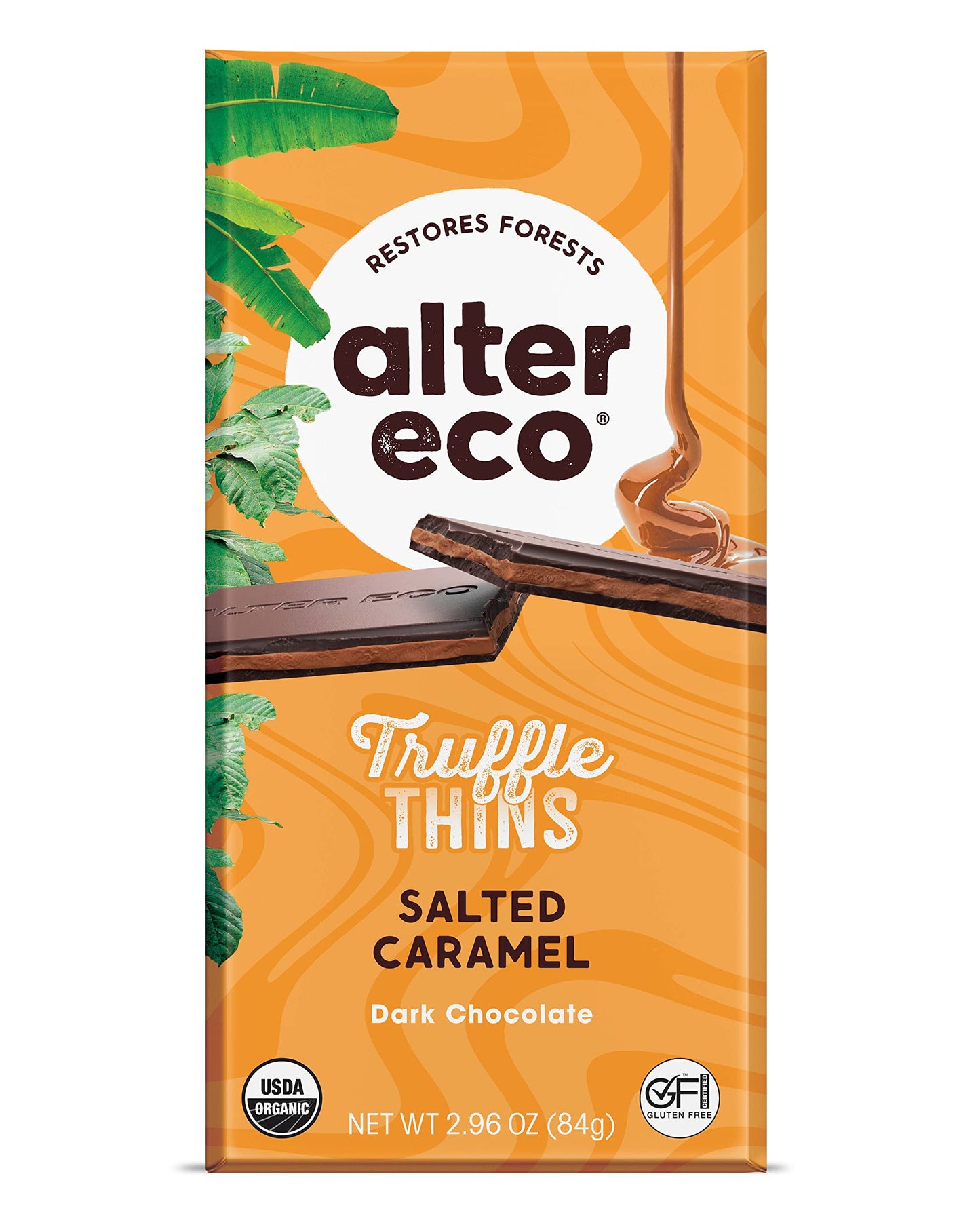 Alter Eco Salted Caramel Truffle Thins, Chocolate Bar with Gooey Ganache Truffle Filling, Organic, Gluten-Free, Non-GMO Snacks, No Additives or