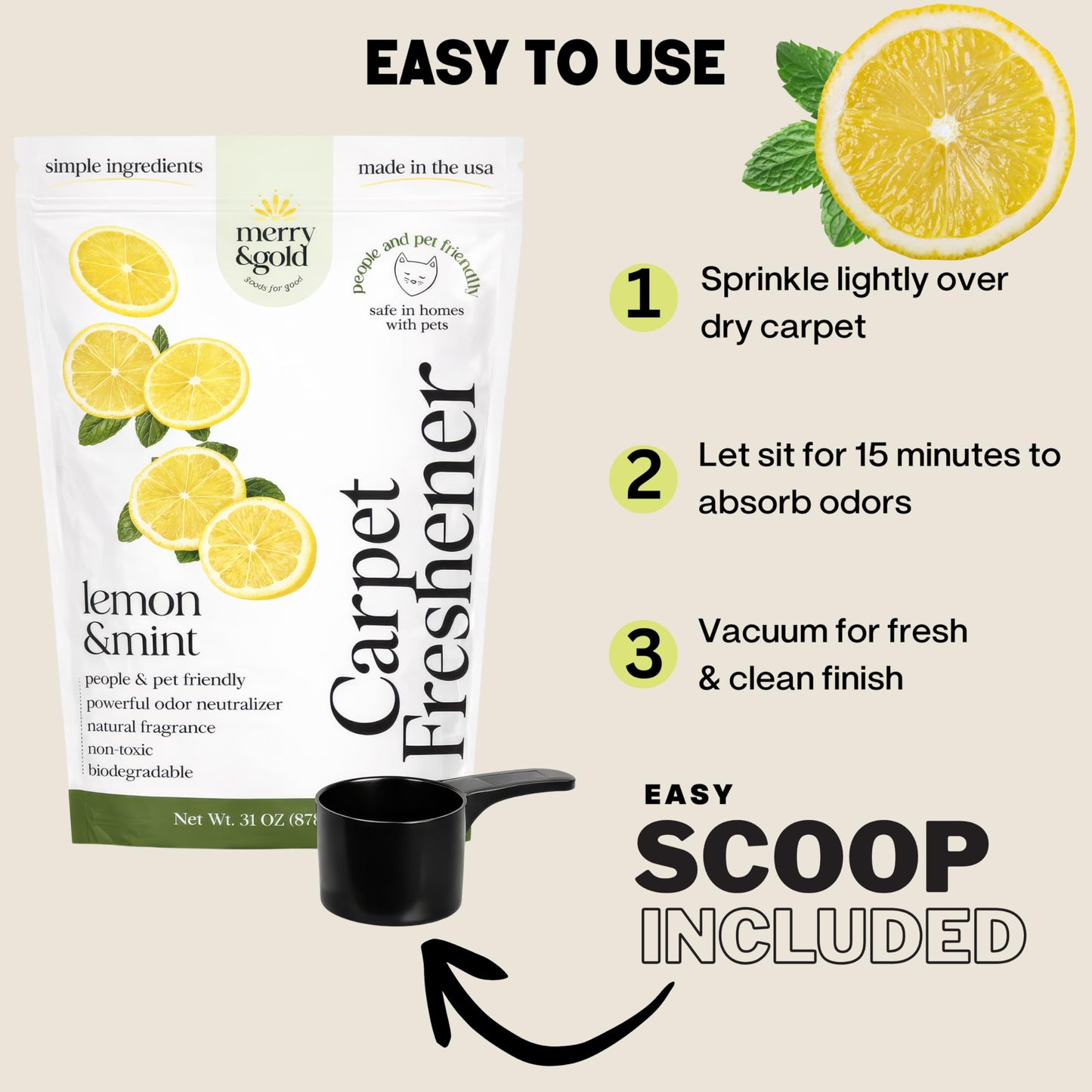 Merry & Gold Carpet Deodorizer & Freshener Powder | 31 oz Lemon + Mint | Pet Odor Eliminator for Rugs, Upholstery, Strong Odor Control & Pet Urine |