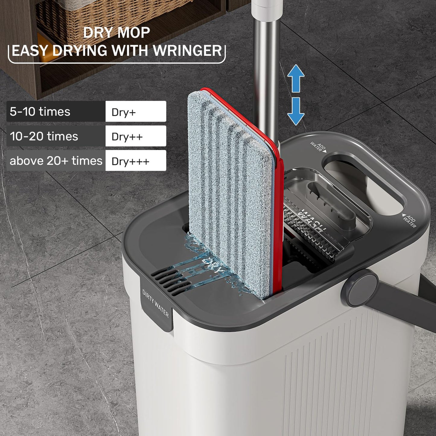 HoMettler Mop and Bucket Set, 3-Tank Flat Mop and Bucket System for Separate Dirty & Clean Water, 65" Mops for Floor Cleaning with 4 Washable Pads