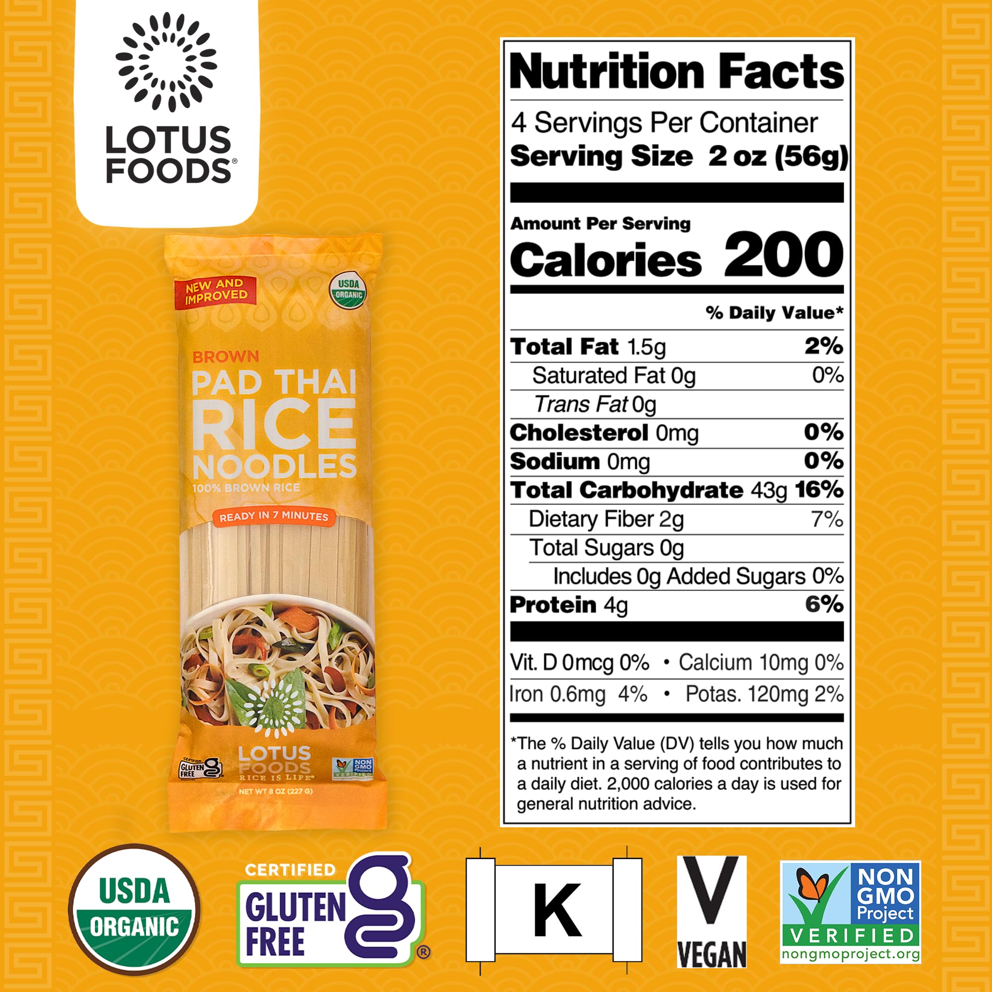 Lotus Foods Organic Brown Rice Pad Thai Noodles - Asian Style Noodles for Stir Fry, Gluten Free, Vegan, Whole Grain, Non GMO, Serve Hot or Cold - 8 Oz