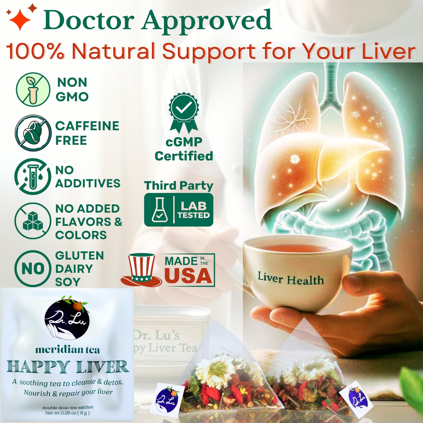 Dr. Lu’s Happy Liver Tea | 100% Natural Liver Cleanse Detox & Repair Tea Made in US | 11-Flavor Milk Thistle, Turmeric, Chrysanthemum, Licorice Root