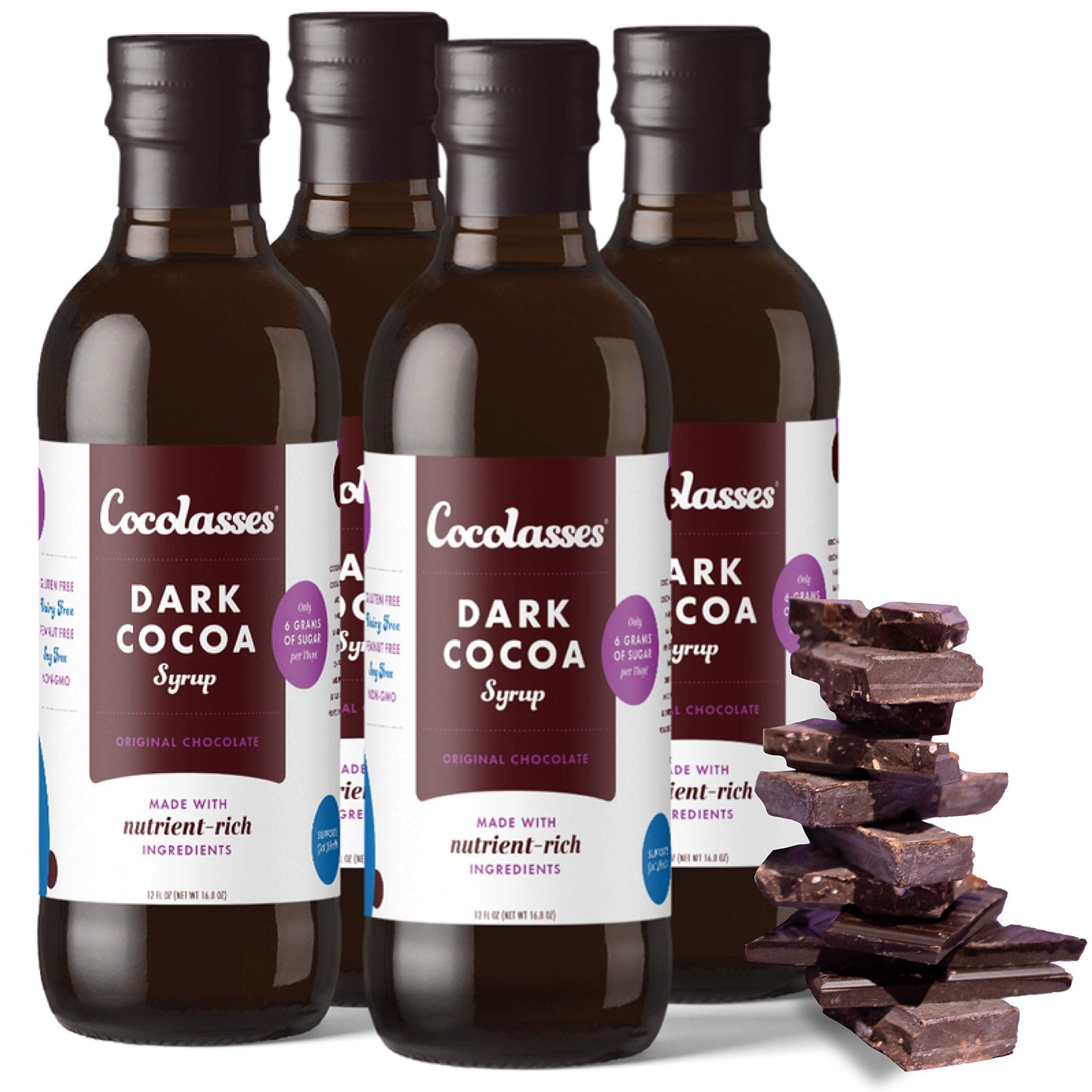 Cocolasses - Dark Cocoa Syrup, Chocolate Syrup With Real Dark Cocoa and Blackstrap Molasses, Coffee Flavoring Syrup, Original Chocolate, Pack of 4 x