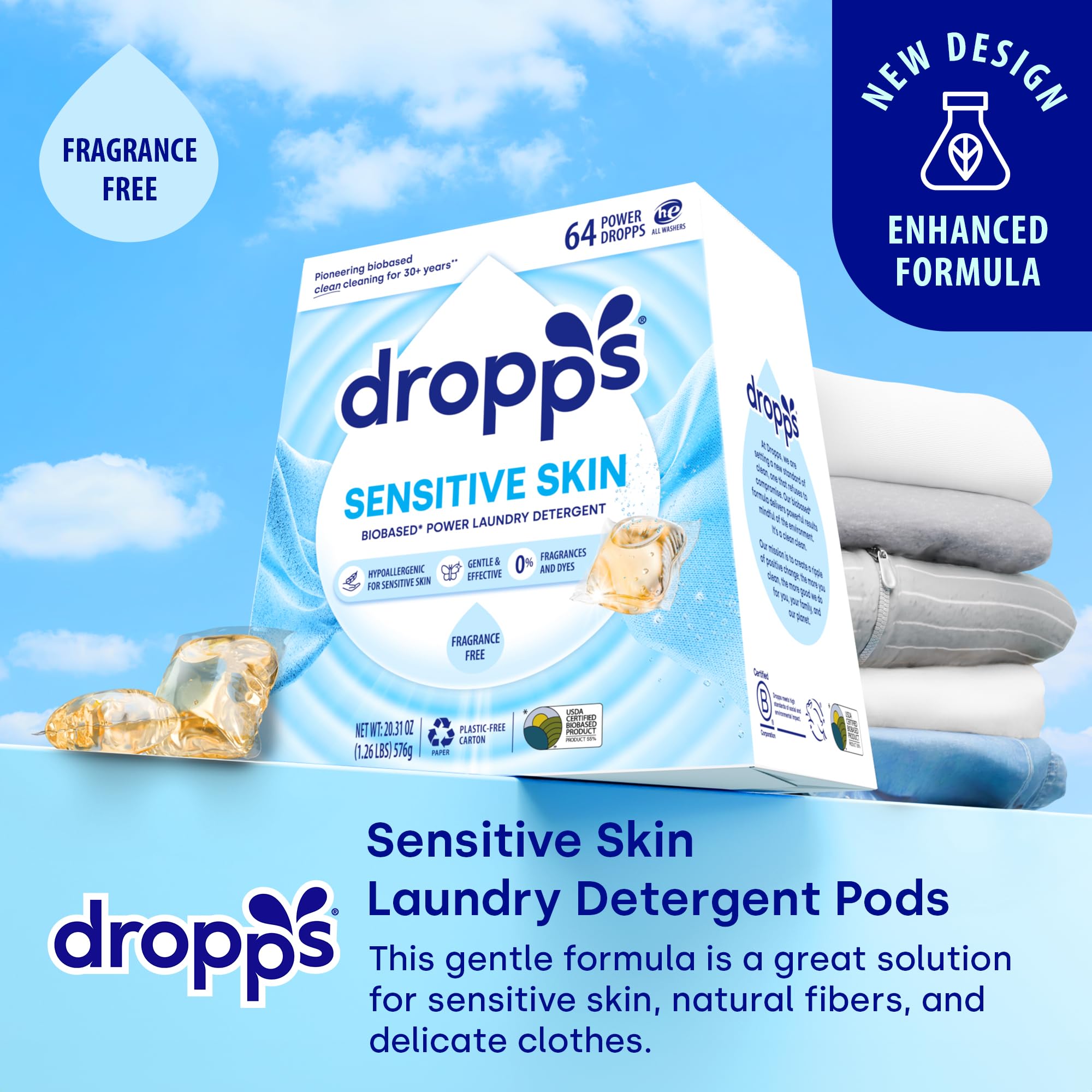 Dropps Sensitive Skin Laundry Detergent Pods, Unscented (64 Ct) - Hypoallergenic & Dermatologist Tested | Free & Clear | Laundry Pods for Sensitive