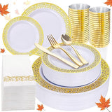 160pcs White Gold Plastic Plates,Gold Plastic Dinnerware Set Christmas Plastic Plates Includes:20 Dinner Plates,20 Dessert Plates,40 Forks,20