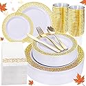 160pcs White Gold Plastic Plates,Gold Plastic Dinnerware Set Christmas Plastic Plates Includes:20 Dinner Plates,20 Dessert Plates,40 Forks,20