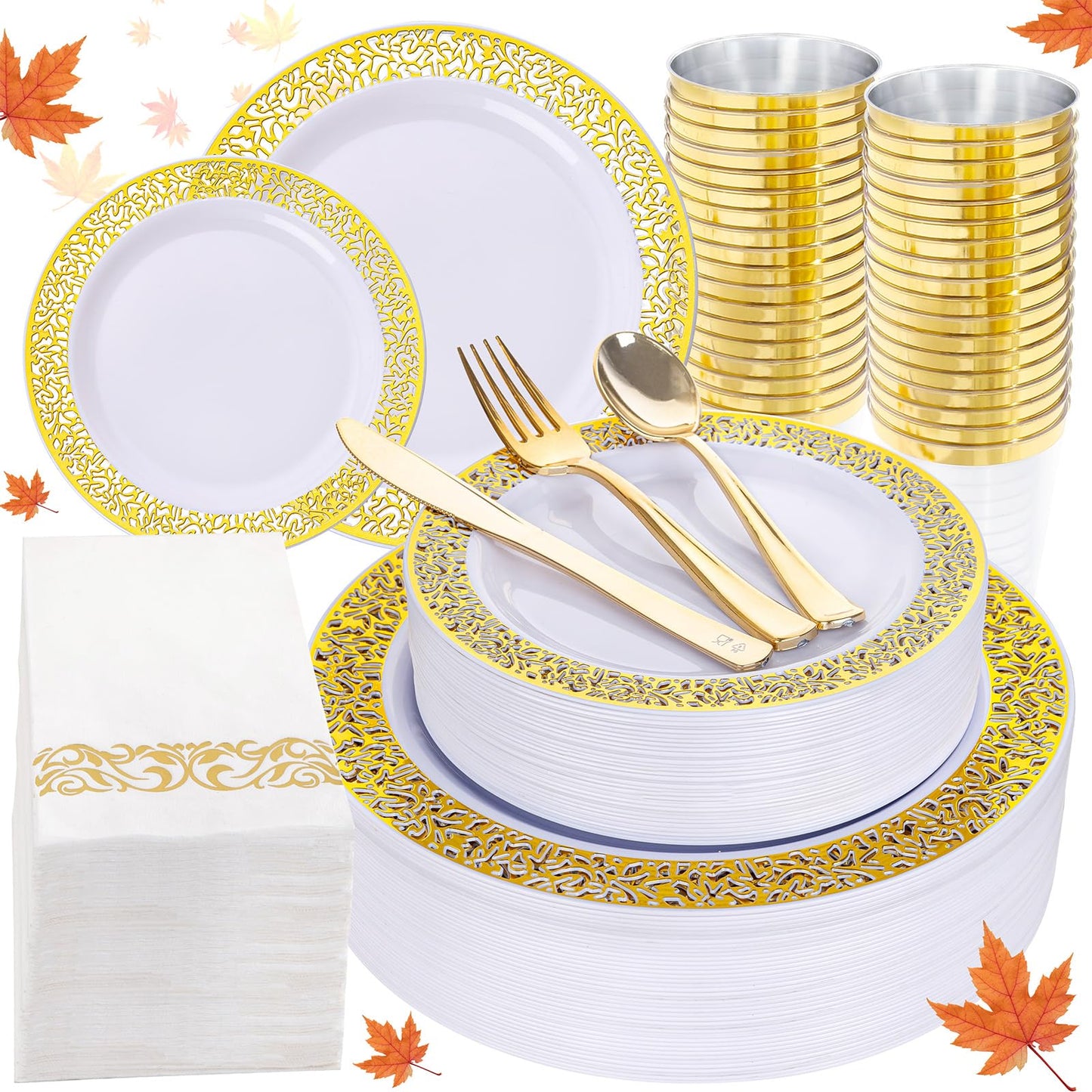 160pcs White Gold Plastic Plates,Gold Plastic Dinnerware Set Christmas Plastic Plates Includes:20 Dinner Plates,20 Dessert Plates,40 Forks,20