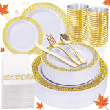 160pcs White Gold Plastic Plates,Gold Plastic Dinnerware Set Christmas Plastic Plates Includes:20 Dinner Plates,20 Dessert Plates,40 Forks,20