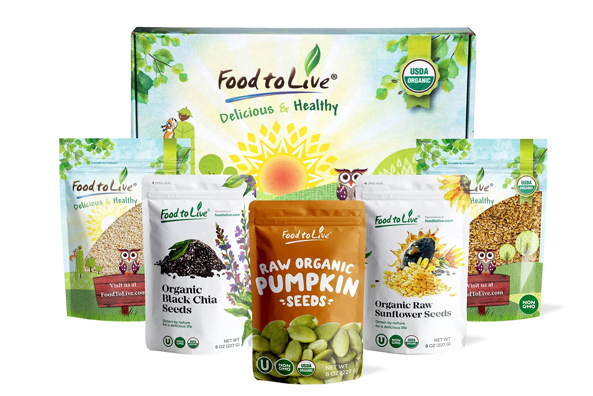 Food to Live Organic Keto Raw Seeds in a Gift Box - Pumpkin Seeds, Sesame Seeds, Sunflower Seeds, Chia Seeds, Golden Flax Seeds