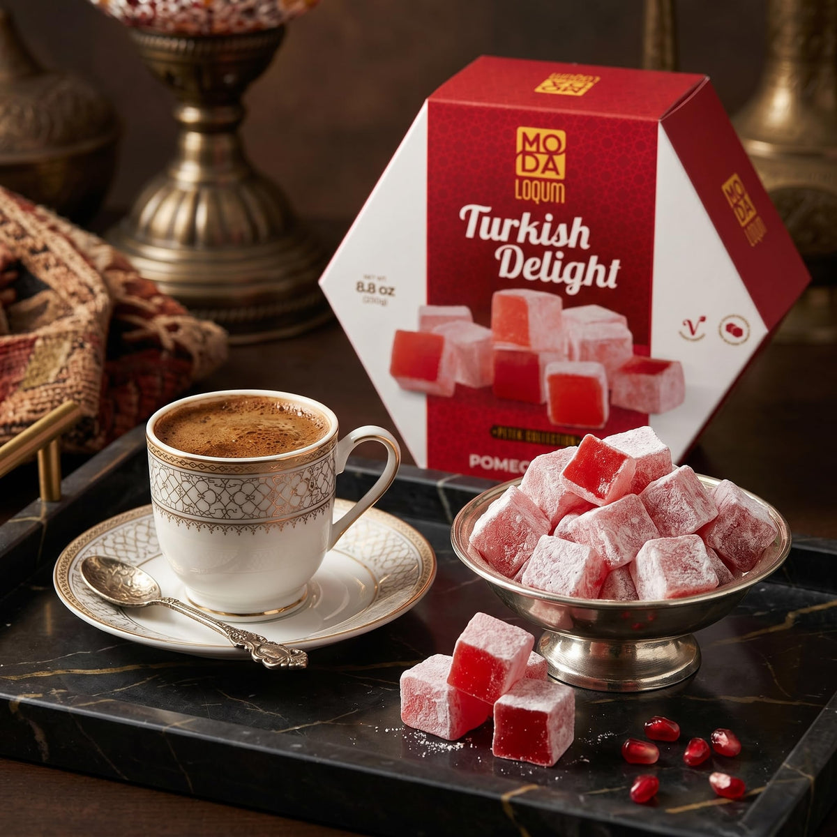 Turkish Delight Candy (Lokum) - Gourmet Chewy Candy, Premium Gift Box - Honeycomb Packaging, 8.8 oz (250g), Middle Eastern Sweets (Pomegranate)