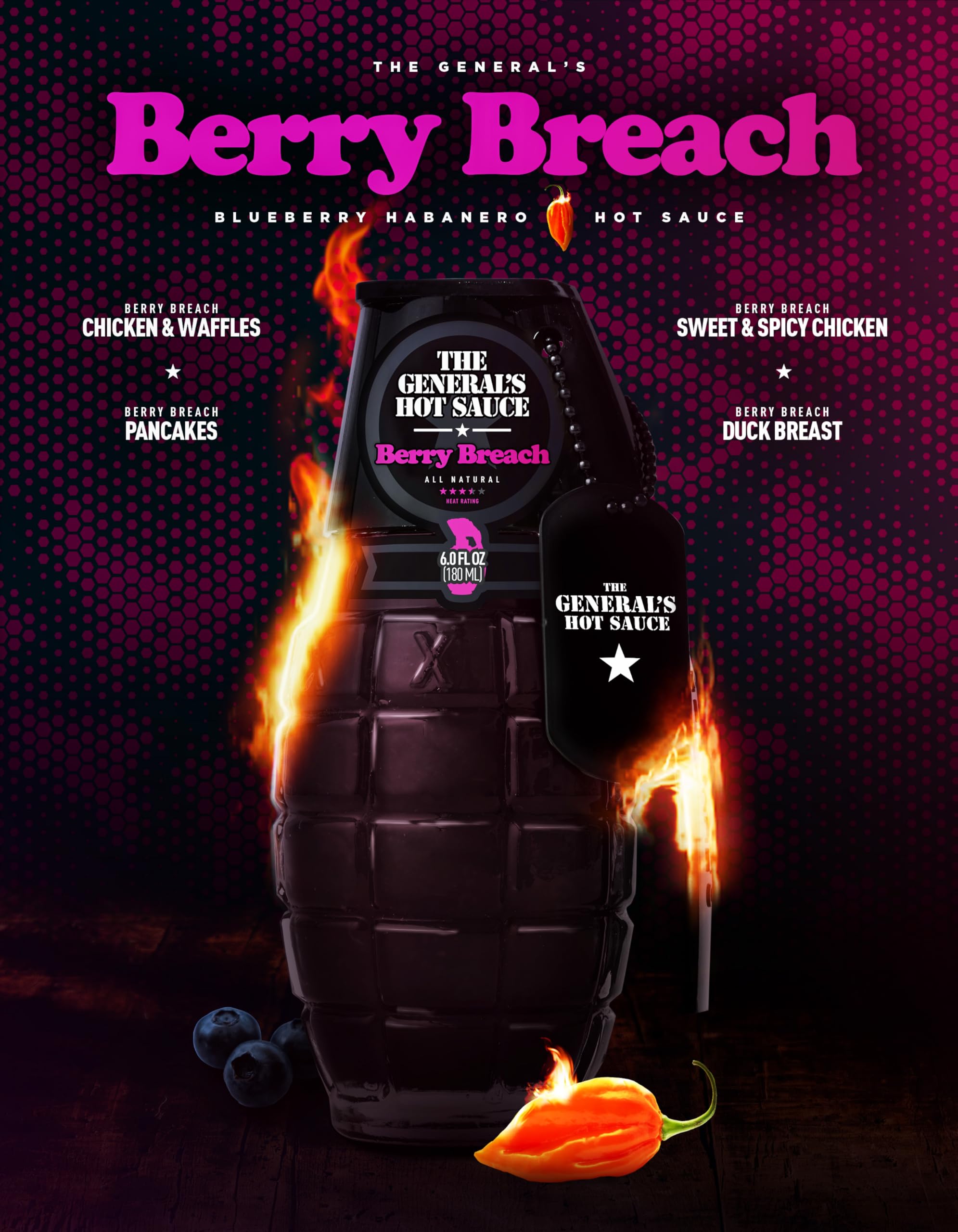 The General's Hot Sauce, Berry Breach, 3.5/5 Heat Rating, 6 oz