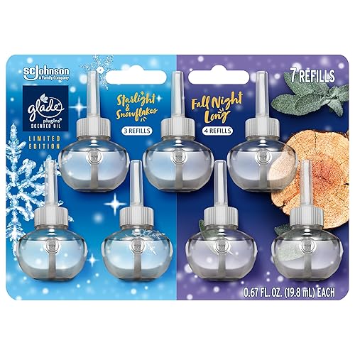 Glade PlugIns Refills Air Freshener, Scented and Essential Oils for Home and Bathroom, Fall Night Long + Starlight & Snowflakes Mix Pack, 4.69 Fl Oz