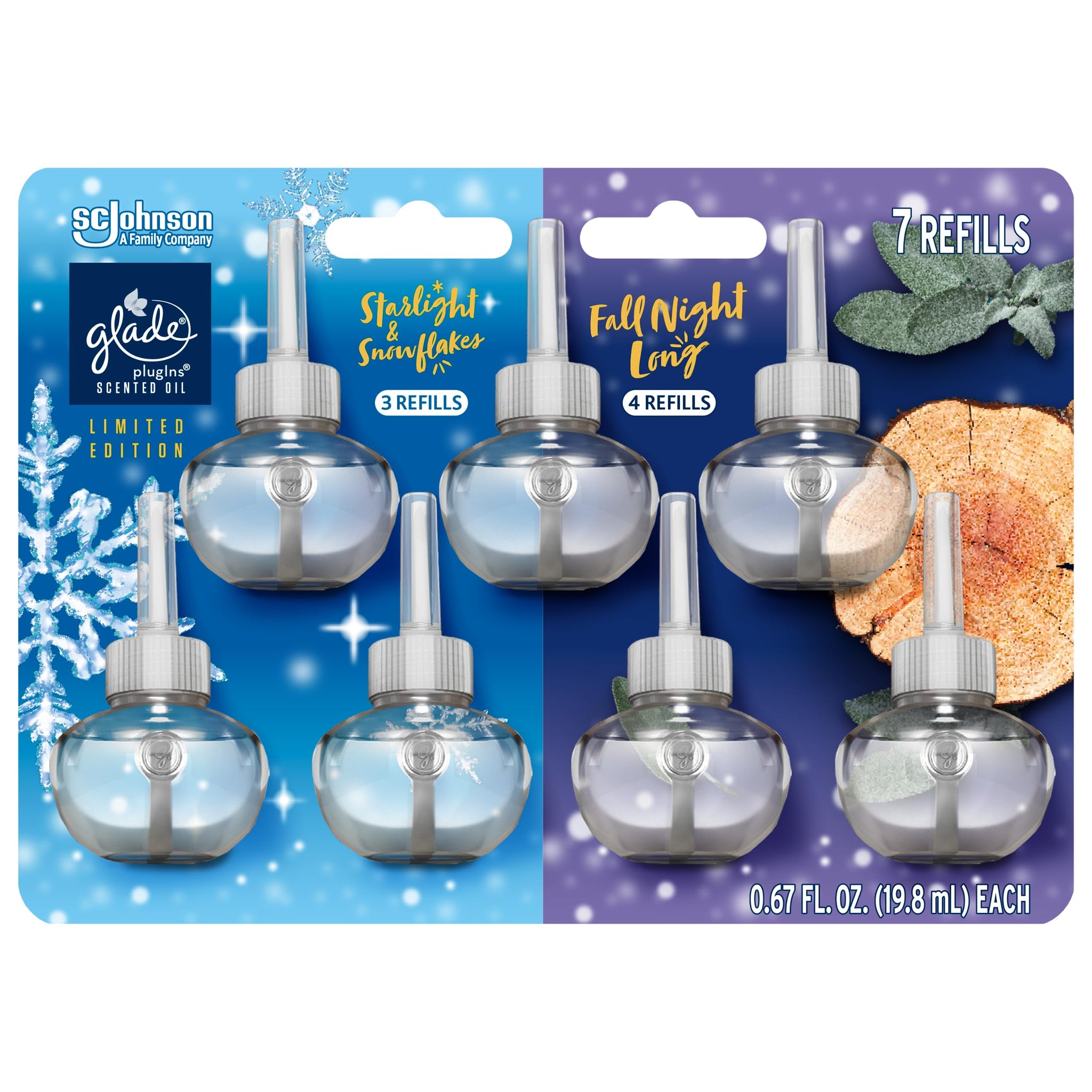 Glade PlugIns Refills Air Freshener, Scented and Essential Oils for Home and Bathroom, Fall Night Long + Starlight & Snowflakes Mix Pack, 4.69 Fl Oz