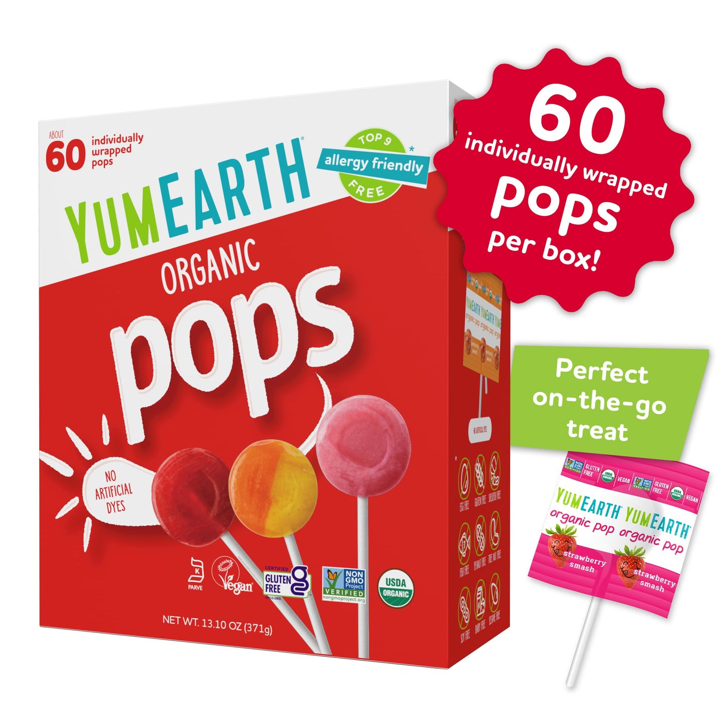YumEarth Organic Pops Variety Pack, 60 Fruit Flavored Favorites Lollipops, Allergy Friendly, Gluten Free, Non-GMO, Vegan, No Artificial Dyes