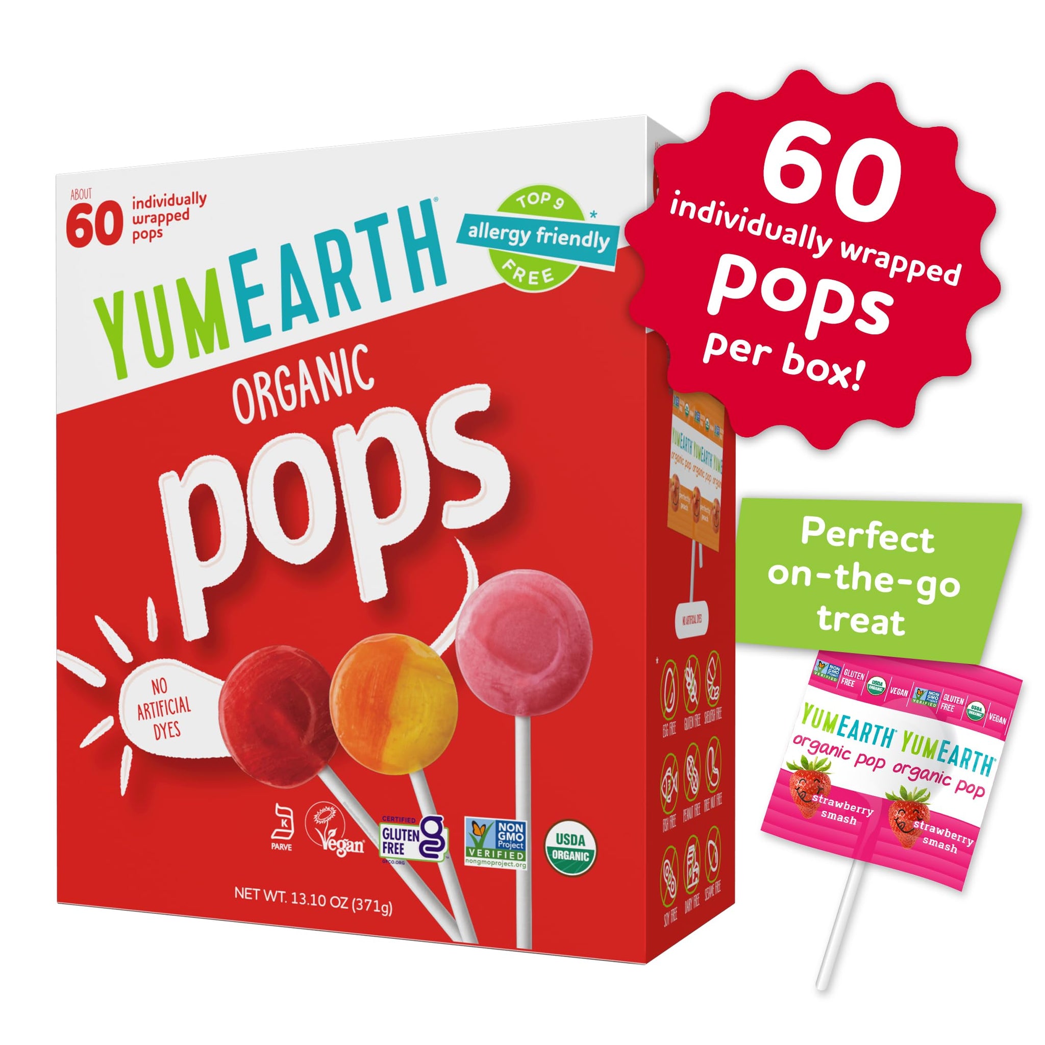 YumEarth Organic Pops Variety Pack, 60 Fruit Flavored Favorites Lollipops, Allergy Friendly, Gluten Free, Non-GMO, Vegan, No Artificial Dyes