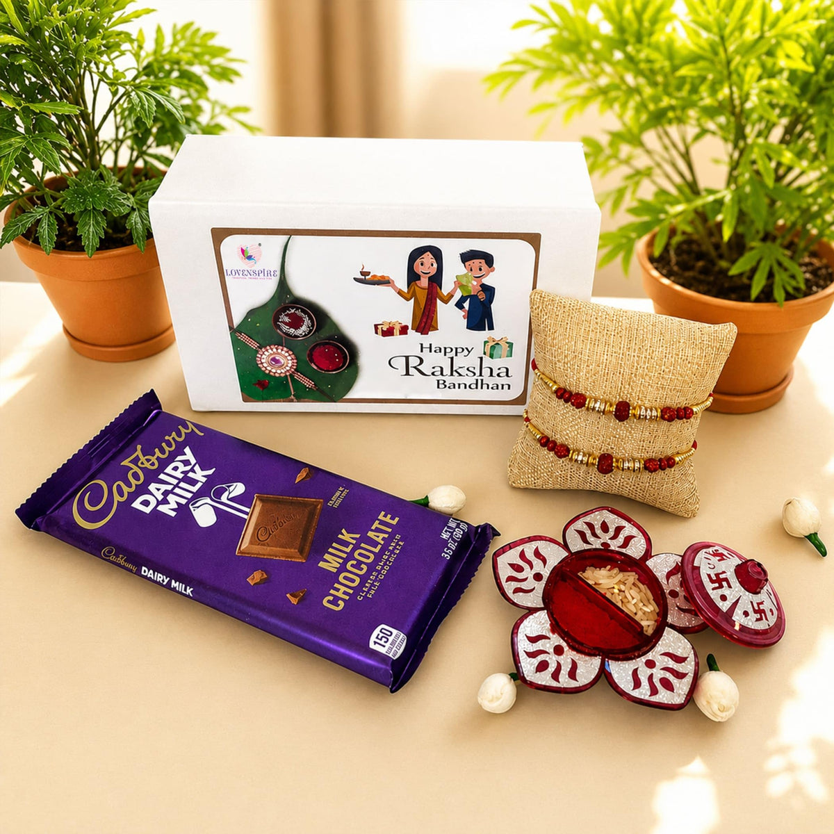 LoveNspire Rakhi Gift Hamper for Brother & Bhabhi - Includes Designer Handmade Raksha Bandhan Bracelet Threads, Chocolate, & Roli Chawal Hamper 2