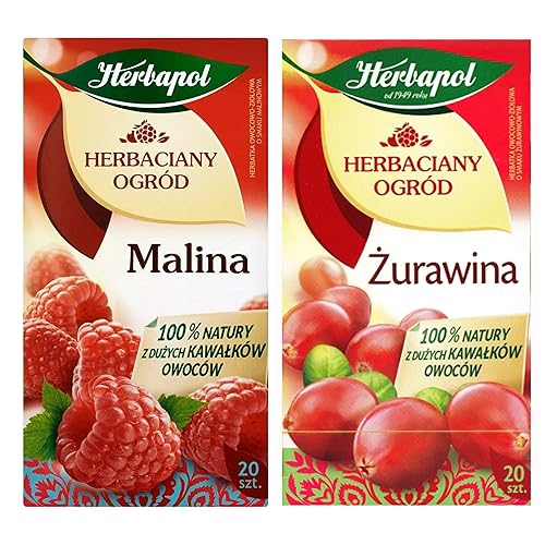 Herbapol Herbaciany Ogrod 2 pack Raspberry Tea (20 tb) and Cranberry Tea (20 tb). Product from Poland.