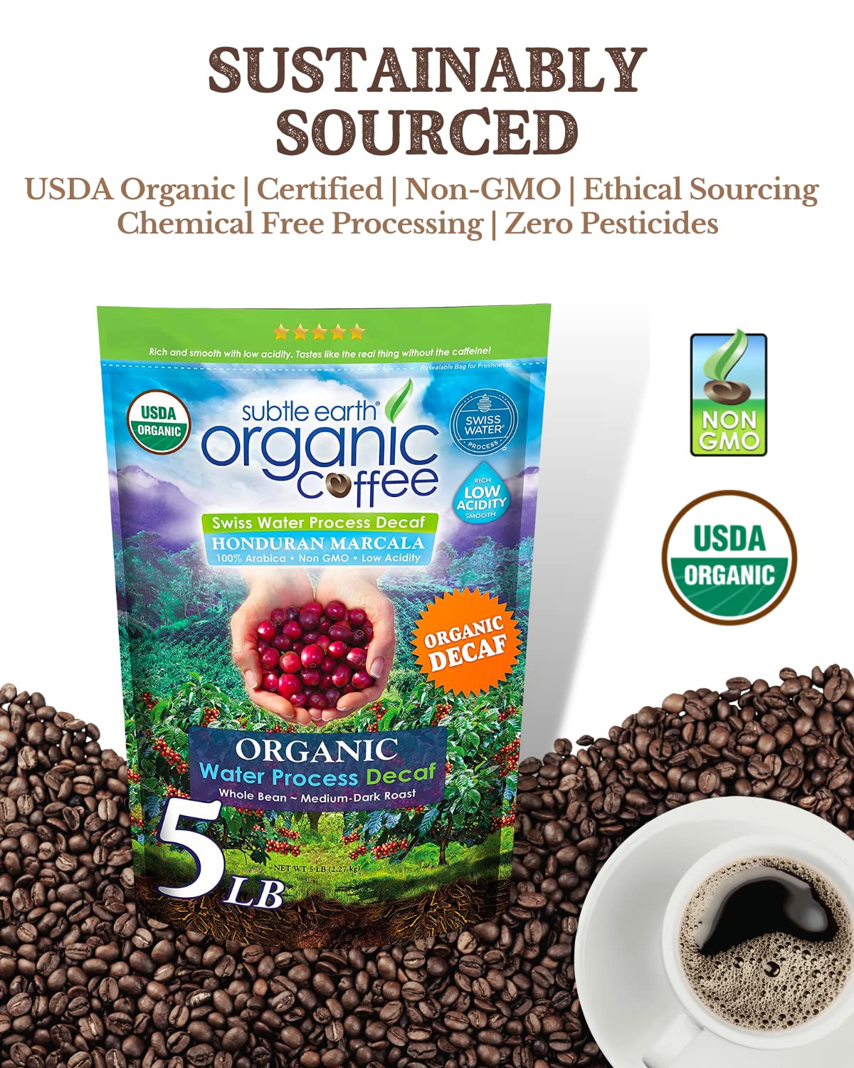 5LB Subtle Earth Organic Decaf - Swiss Water Process Decaf - Medium Dark Roast - Whole Bean Coffee - Low Acidity - Organic Certified by CCOF - 5 Pound