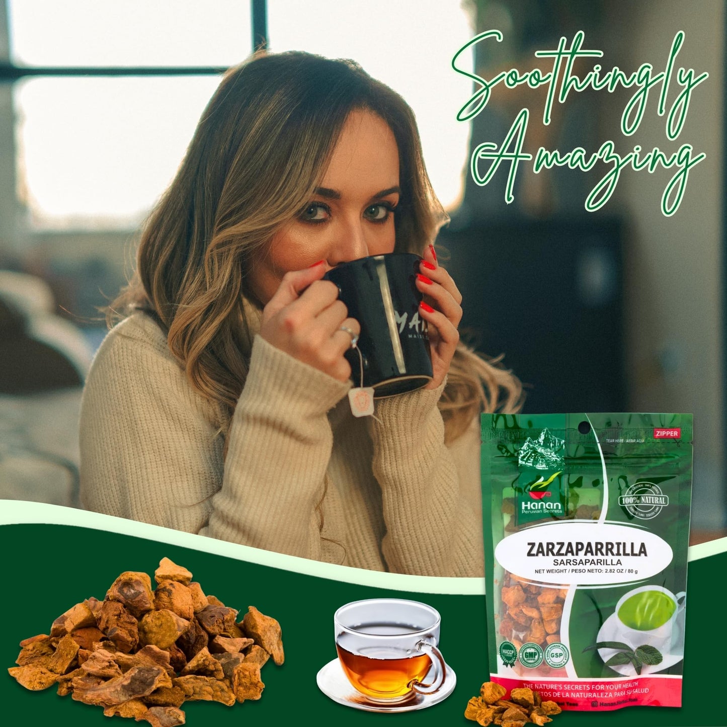 Hanan Zarzaparrilla Loose Leaf Tea (Sarsaparrilla) (80 g) - Dried Smilax Ornata Plant Leaves from Peru 2.8 Ounce (Pack of 1)