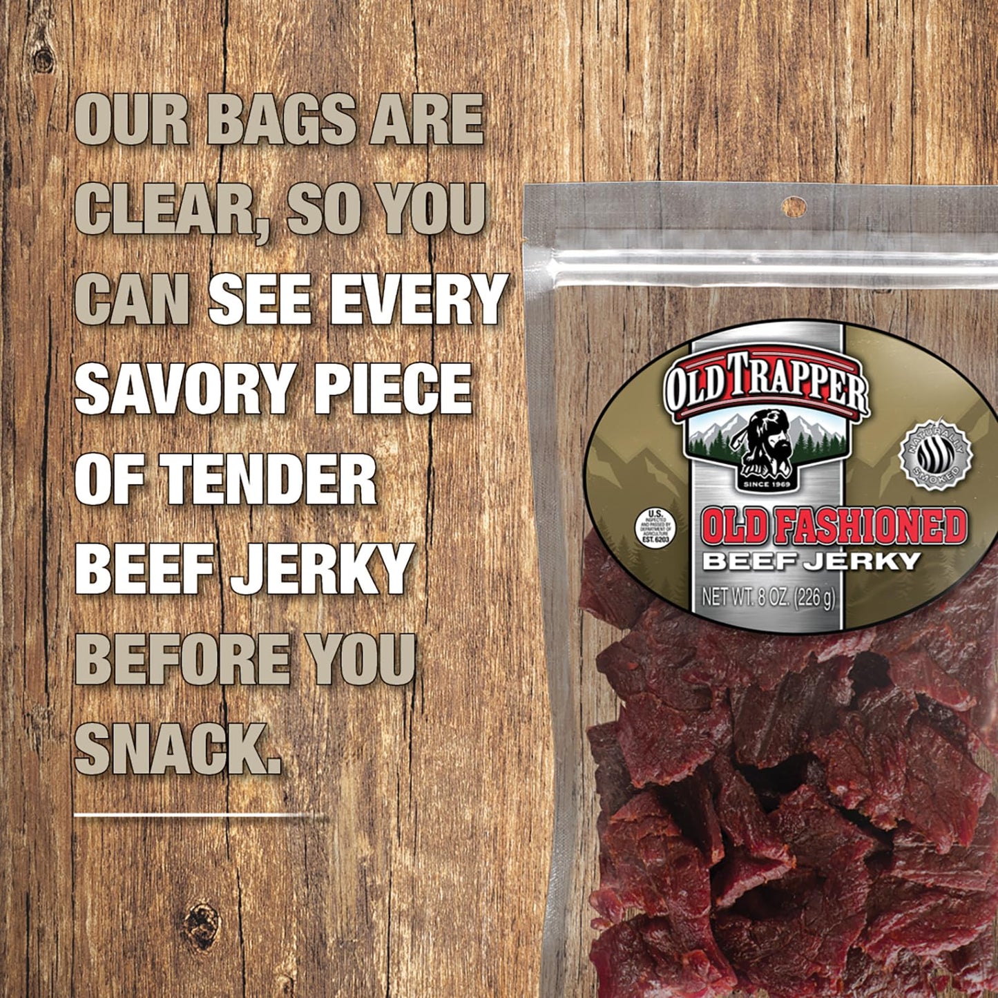 Old Trapper Beef Jerky, Old-Fashioned 8 Ounce Bag, Tender Meat Snacks for Lunches or Between Meals, 11 Grams of Protein, Zero Grams of Fat, and 70