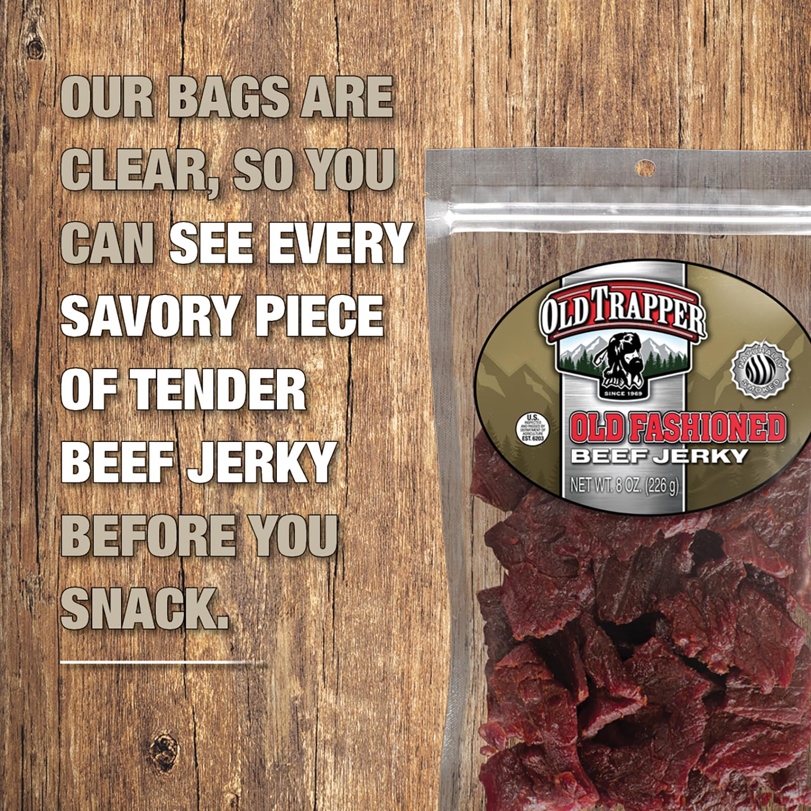 Old Trapper Beef Jerky, Old-Fashioned 8 Ounce Bag, Tender Meat Snacks for Lunches or Between Meals, 11 Grams of Protein, Zero Grams of Fat, and 70