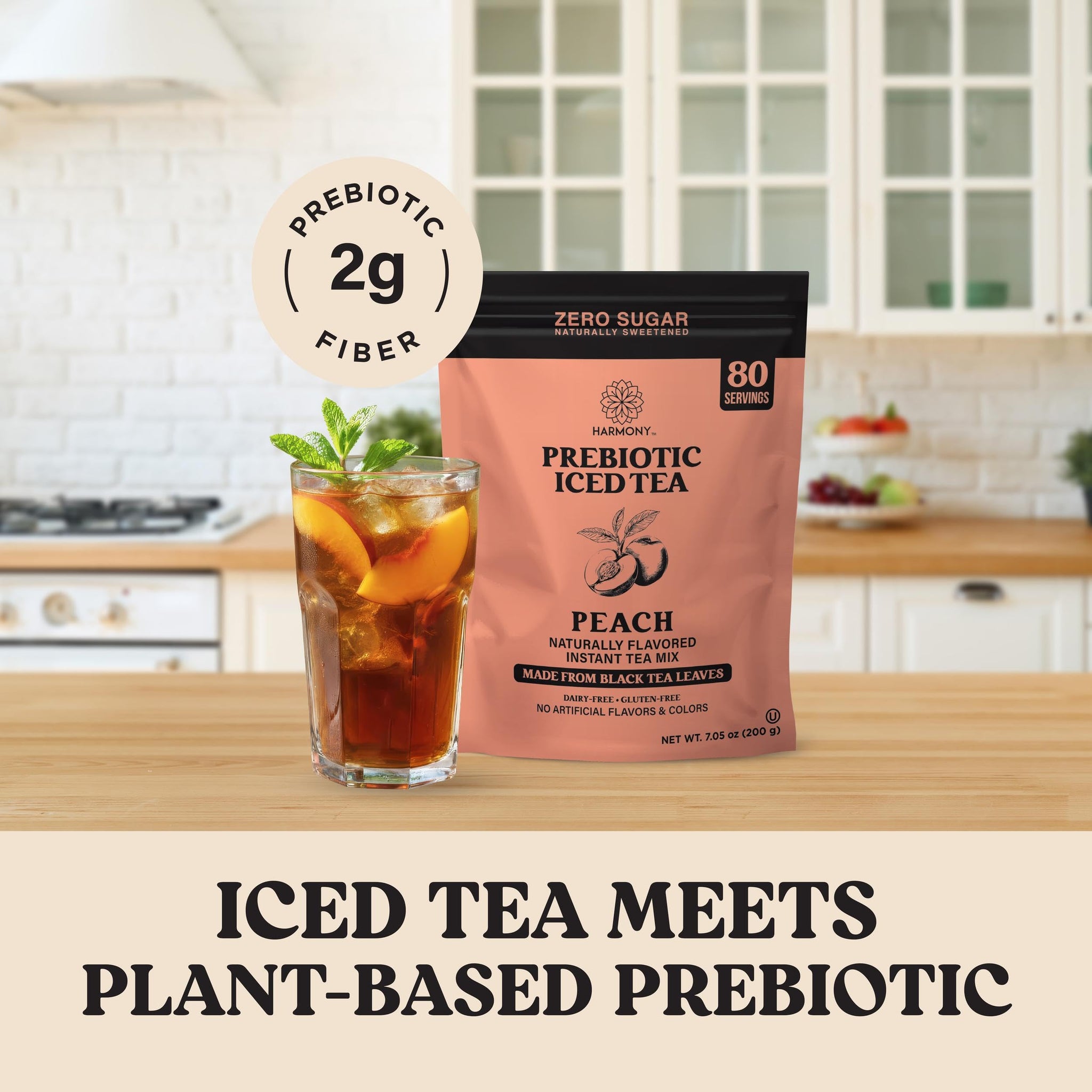 Harmony Matcha Prebiotic Black Tea Peach Flavor - Iced Tea Drink Mix with Plant Fiber for Gut Health, Gluten Free, Caffeinated, Zero Sugar, 7oz Bag