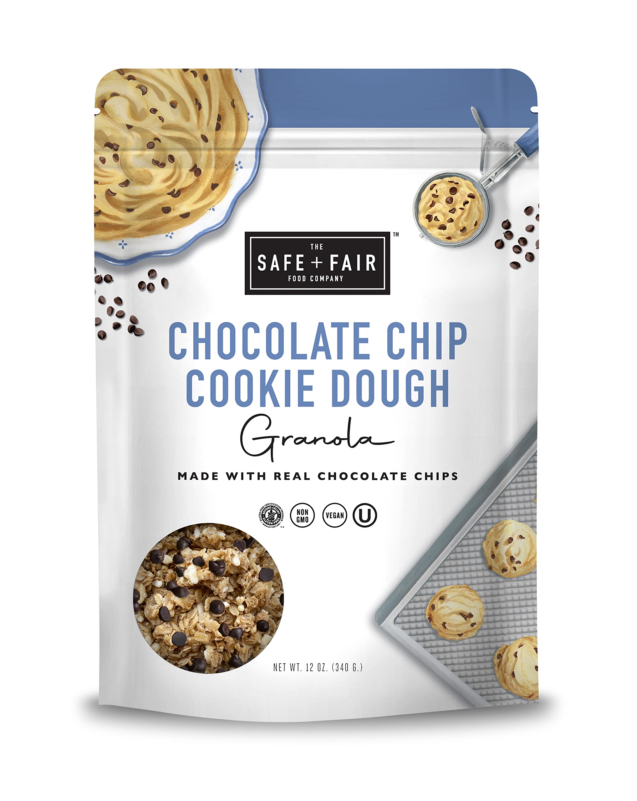 Safe + Fair Chocolate Chip Cookie Dough Granola - Gluten-Free, Dairy-Free & Vegan Snack - Allergen-Free, Non-GMO, and No Artificial Ingredients - 12oz