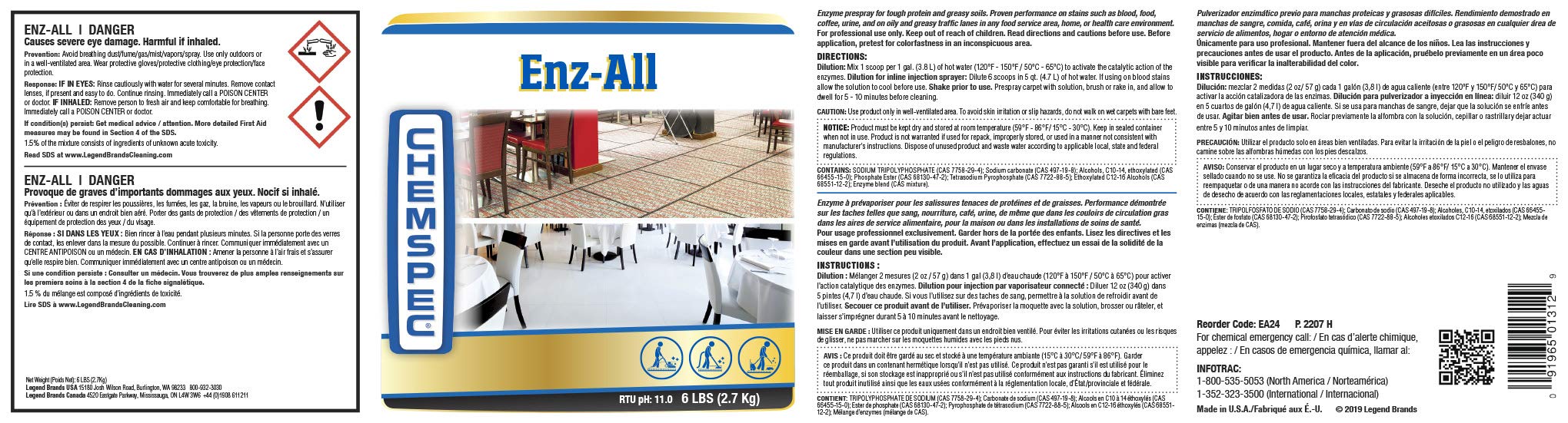 Chemspec ENZ-All - Professional Multi-Purpose Enzyme Traffic Lane Carpet Cleaning Concentrate, 4 pk, 6 lb Jars (C-EA24)