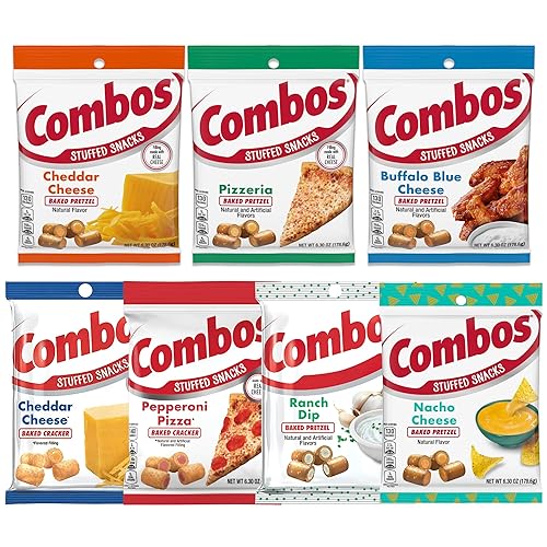 Combos Snacks Variety 7 Pack-Pepperoni Pizza, Cheddar Cheese Pretzels, Pizzeria, Buffalo Blue Cheese, Cheddar Cheese Crackers, Ranch Dip Pretzel