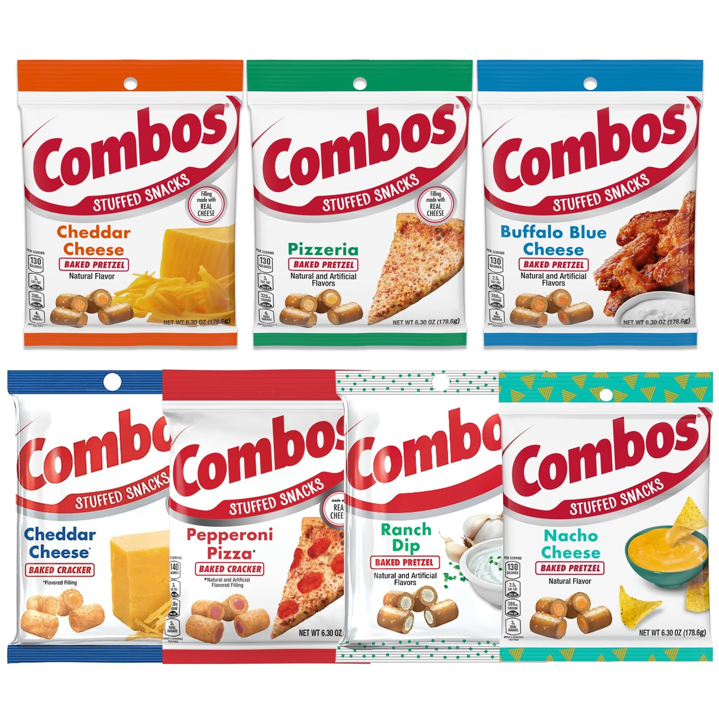 Combos Snacks Variety 7 Pack-Pepperoni Pizza, Cheddar Cheese Pretzels, Pizzeria, Buffalo Blue Cheese, Cheddar Cheese Crackers, Ranch Dip Pretzel
