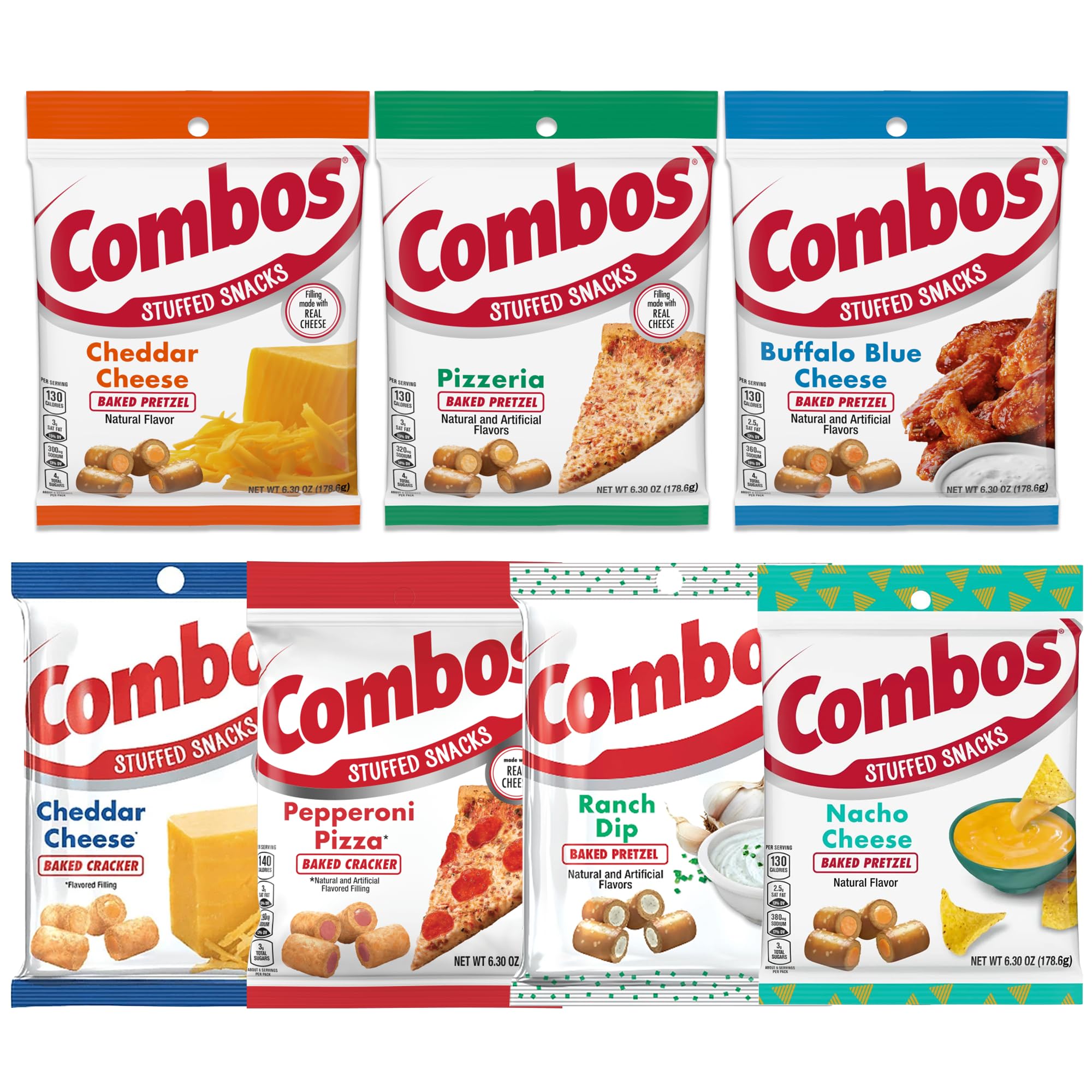 Combos Snacks Variety 7 Pack-Pepperoni Pizza, Cheddar Cheese Pretzels, Pizzeria, Buffalo Blue Cheese, Cheddar Cheese Crackers, Ranch Dip Pretzel