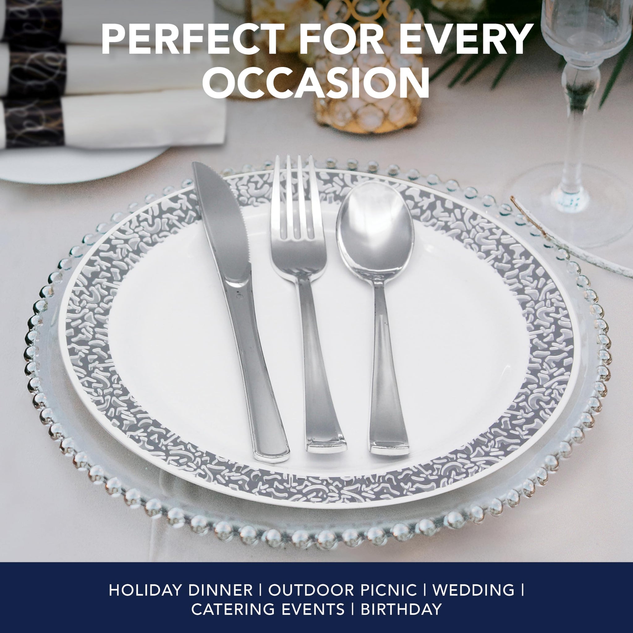 Party Essentials Party Supplies Wrapped Silverware Set Disposable, Pre Rolled Napkin and Cutlery, Spoons/Forks/Knives Silver, 50 Units