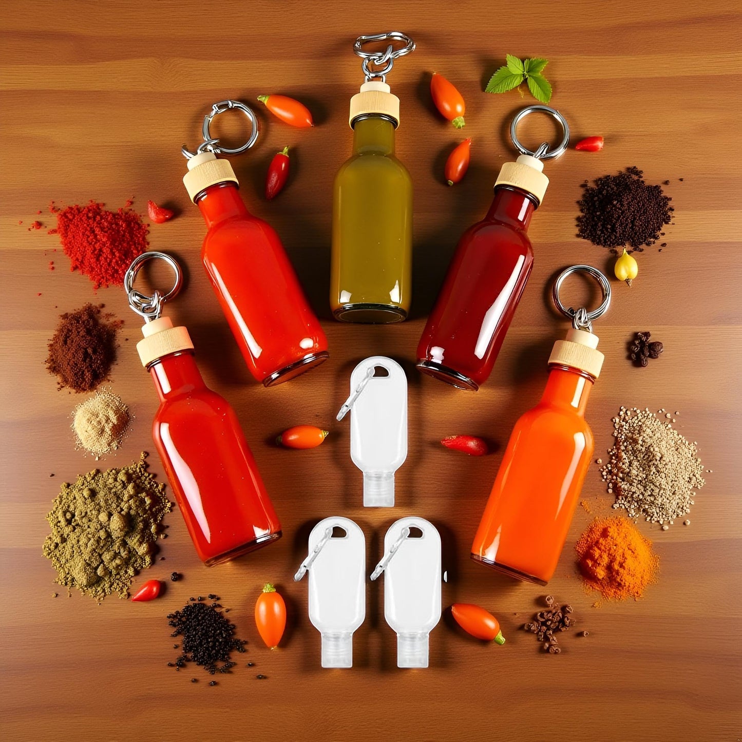 3 Pcs Portable Hot Sauce Keychain Bottles - Mini Ketchup Containers 2oz/50ml Bottles,Sauces for On-The-Go - Refillable Travel Size Keychain,Gravies