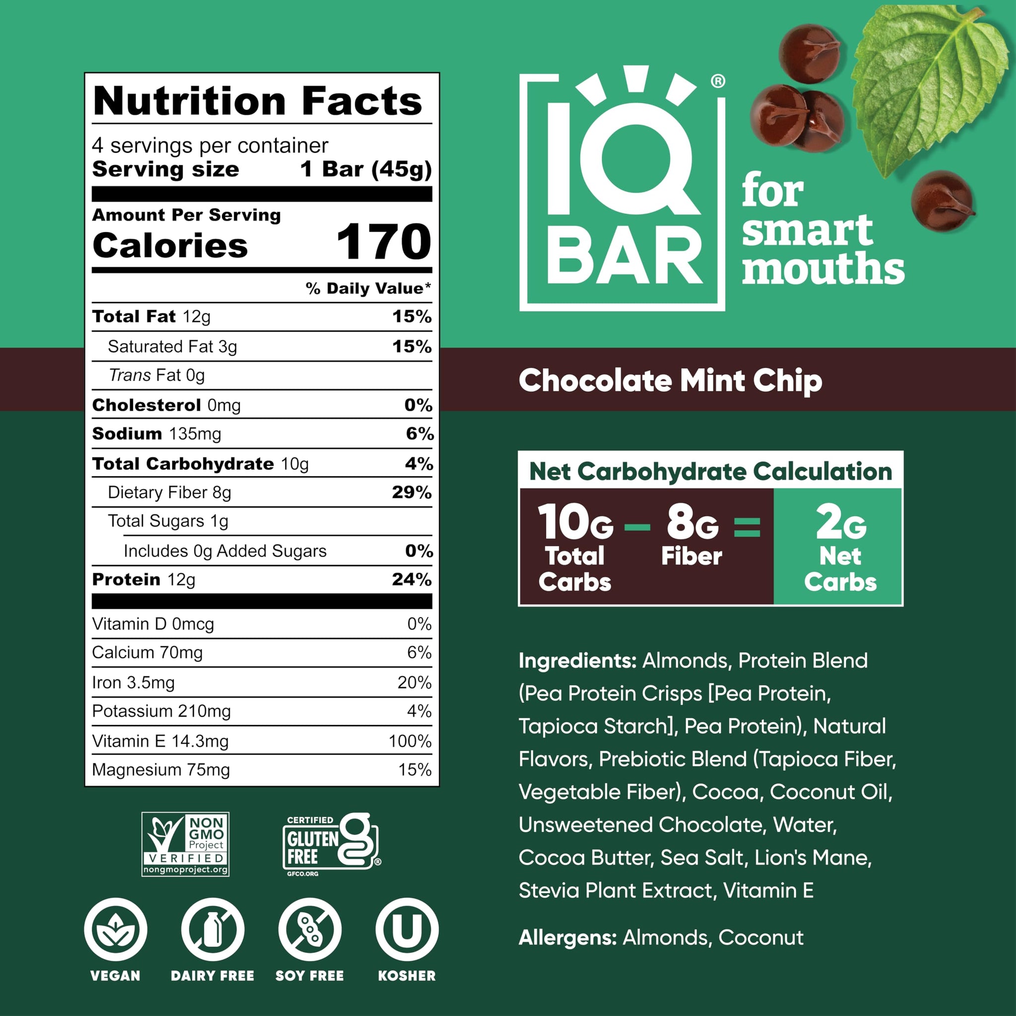IQBAR Brain and Body Plant Protein Bars - Chocolate Mint Chip - 4-Count Low Carb - Gluten Free, High Fiber, Vegan Snacks - Low Sugar Meal Replacement