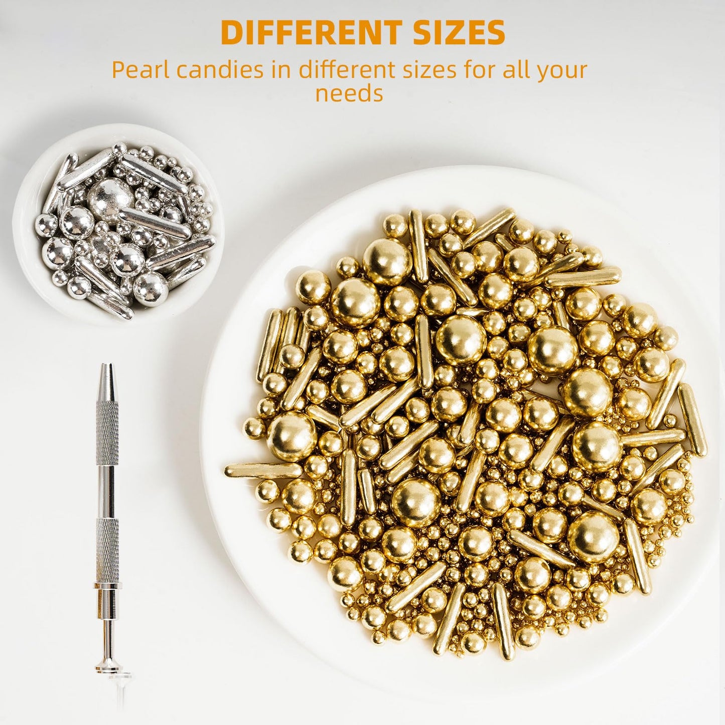 Kasvan Gold and Silver Sugar Sprinkles - Edible Candy Pearls with 4-Claw Sprinkle Pen,8.32Oz, Gift Box Pack, Baking Cake Decorations, Ice Cream