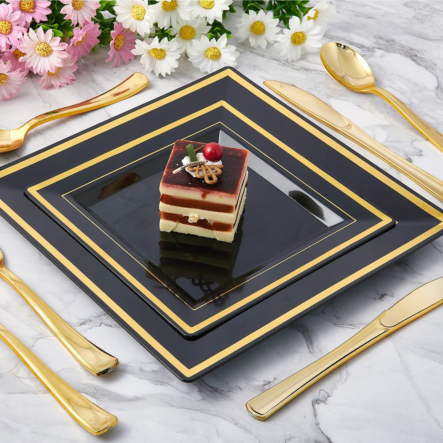 JOLLY CHEF 125 Count Square Black Gold Plastic Plates, Including 25 Disposable Dinner, 25 Dessert, 25 Knives, 25 Forks and 25 Spoons, Plastic Dinner