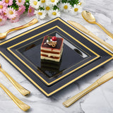 JOLLY CHEF 125 Count Square Black Gold Plastic Plates, Including 25 Disposable Dinner, 25 Dessert, 25 Knives, 25 Forks and 25 Spoons, Plastic Dinner