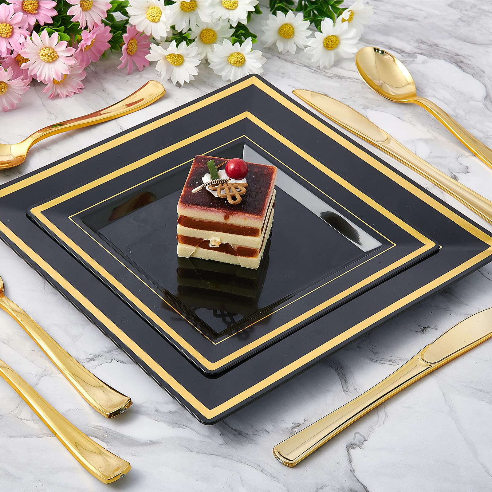 JOLLY CHEF 125 Count Square Black Gold Plastic Plates, Including 25 Disposable Dinner, 25 Dessert, 25 Knives, 25 Forks and 25 Spoons, Plastic Dinner